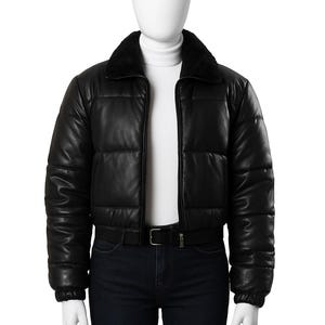 Handmade Leather Puffer Jacket: Women&#39;s Quilted Cropped Coat