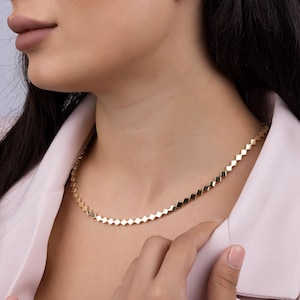 14K Solid Gold Geometric Necklace, Modern Square Link Chain, Statement Gold Jewelry, Real Gold Choker, Unique Gift for Her