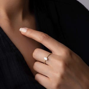 14K Solid Gold Opal Ring – Dainty Beaded Band with White Opal Stone, Handmade Minimalist Jewelry, October Birthstone Gift for Women