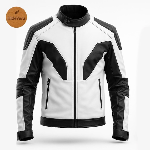 Jaqueta de couro preta e branca masculina – Casaco Biker