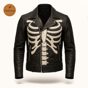 Men’s Black Skeleton Leather Jacket – Handmade Biker Gothic Rock Style