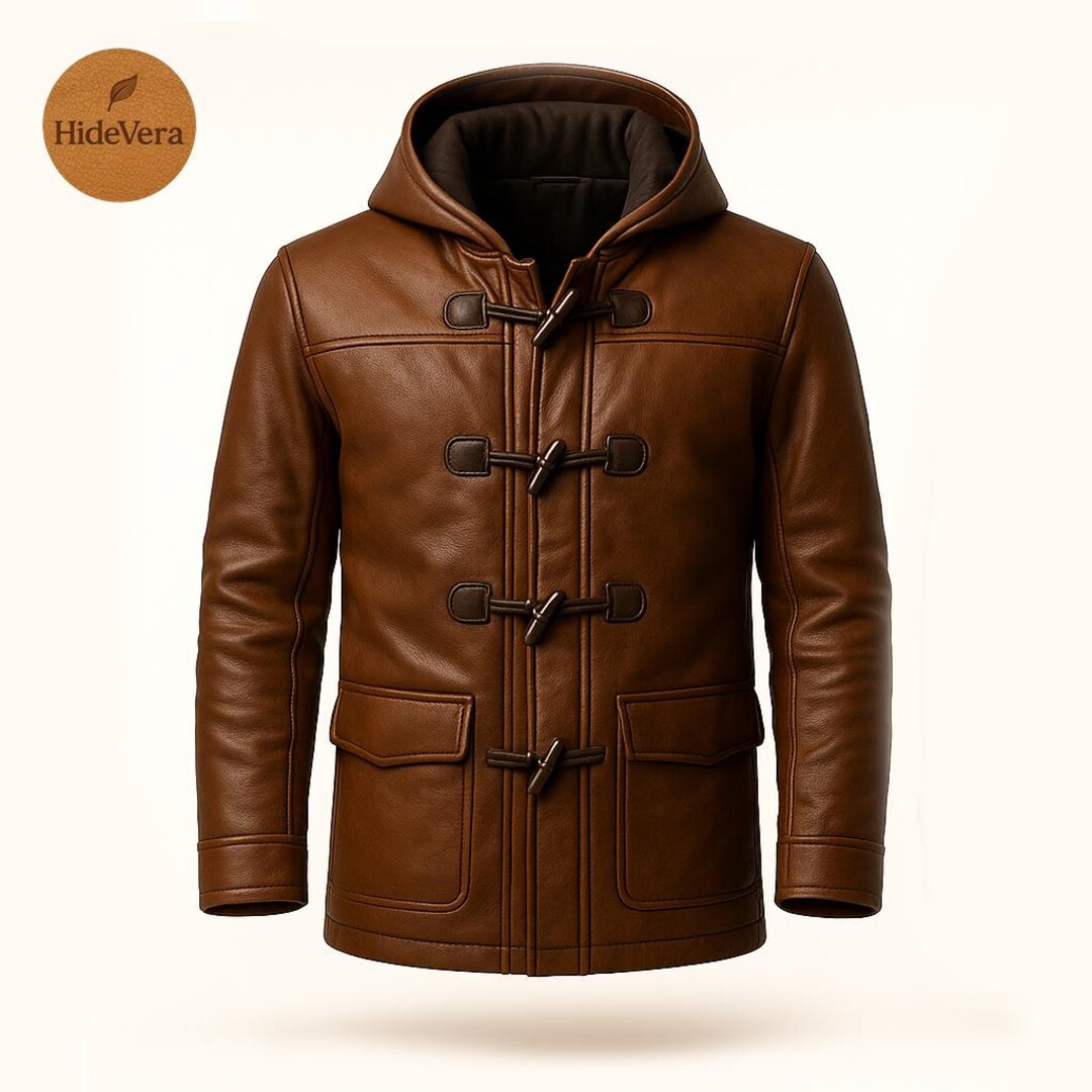 ブラウンレザー フード付きダッフルコート メンズ ブラウンレザーダッフルコート（取り外し可能なフード付き