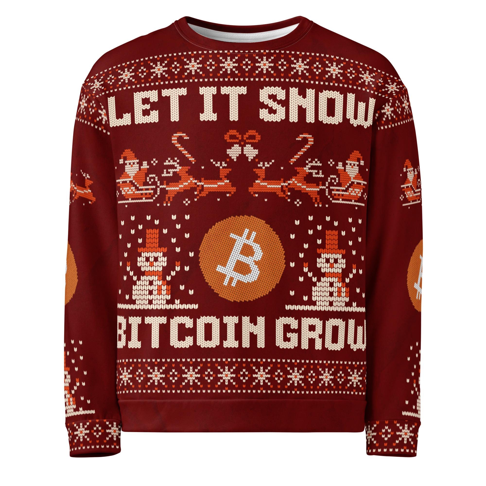 ビットコインのアグリーセーター、クリスマスセーター、ダークレッド、Btc、雪が降る、ビットコインが暗号通貨ギフトとして成長、クリスマススウェットシャツ、メンズ、レディース、ユニセックス