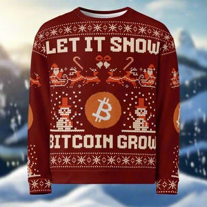 May include: A burgundy Christmas jumper with white and orange snowflake and geometric patterns. The jumper features the text "LET IT SNOW" and "BITCOIN GROW", along with images of Santa in a sleigh, snowmen, and a Bitcoin symbol.
