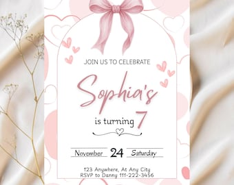 Editable Pink Bow Birthday Invitation – Pink Coquette Bow Invite Canva Template – Ribbon Girls Birthday Party Digital Invite Card