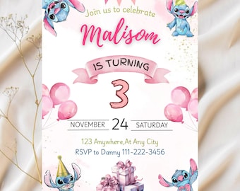 Editable Stitch Invitation, Custom Printable Stitch Party Invite Template, Stitch Birthday Invite, Digital Stitch Birthday Girl Canva Edit