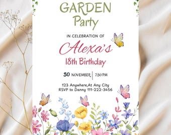 Wildflower Birthday Invitation Garden Party Invite Girl 18th Birthday Pink Purple Wild Flower Floral Spring Flowers Butterfly EDITABLE
