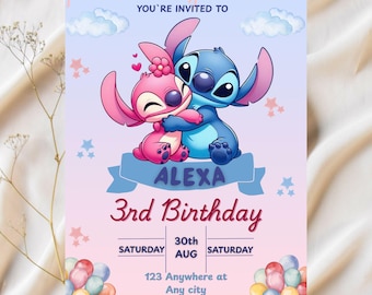 Stitch and Angel födelsedagsinbjudan: Redigerbar Canvas-mall (digital nedladdning)