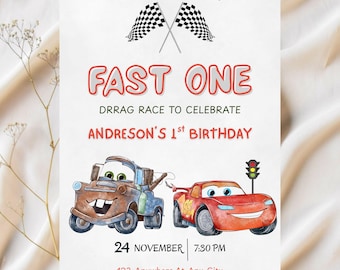 Cars Birthday Invitation, Fast One, Lightning McQueen Invitation, Kids First Birthday Invite, Digital Invitation, Canva Editable Invite