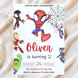 May include: A birthday party invitation featuring cartoon superheroes, including Spider-Man, Iron Man, and Hulk. The invitation has the name "Oliver" in red script, the age "2", and the date "November 24, Saturday". The text "Join us for a celebration" is at the top.
