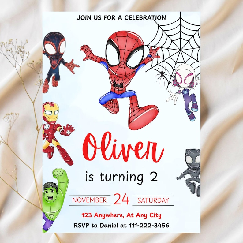 May include: A birthday party invitation featuring cartoon superheroes, including Spider-Man, Iron Man, and Hulk. The invitation has the name "Oliver" in red script, the age "2", and the date "November 24, Saturday". The text "Join us for a celebration" is at the top.