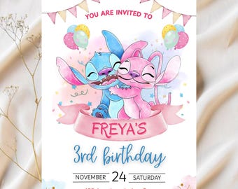 Stitch and Angel Birthday Invitation: Editable & Printable Template – Beautiful Invitation for Your Little One's Birthday, Editable in Canva
