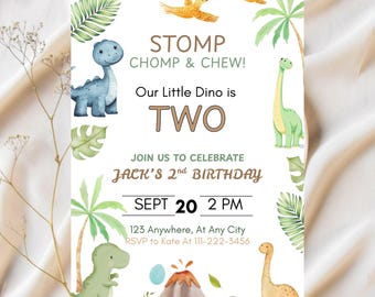 Editable Dinosaur Birthday Invitation, Stomp Chomp Chew Invite, Dino 2nd Birthday Invite, Boy Dinosaur Party Invite