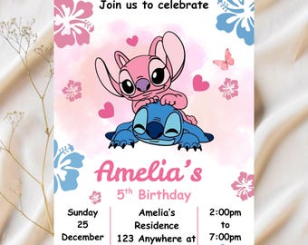 Invitación de cumpleaños de Stitch y Ángel: Invitación editable (Descarga digital)