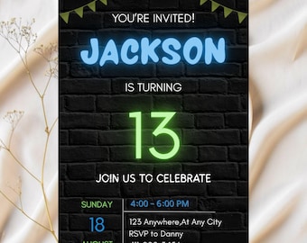 Neon Light Brick Wall Boy Birthday Invitation, Teenager Boy Birthday Invites, Instant Download Editable Canva Template