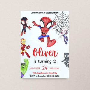 May include: A birthday party invitation featuring various superhero characters, including Spider-Man, Iron Man, and the Hulk. The invitation is personalized with the name "Oliver" and the text "is turning 2". The date is November 24th.