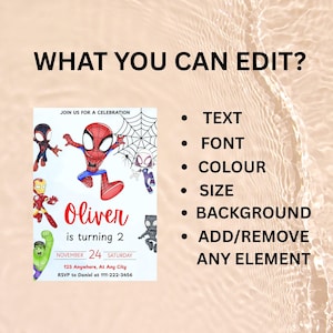May include: A customizable birthday invitation featuring superhero illustrations. The invitation includes the text "Oliver is turning 2" and details for the event. The design allows for editing of text, font, color, size, background, and elements.