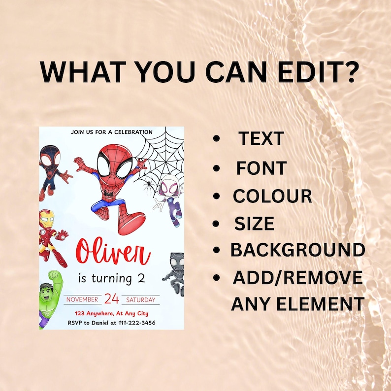 May include: A customizable birthday invitation featuring superhero illustrations. The invitation includes the text "Oliver is turning 2" and details for the event. The design allows for editing of text, font, color, size, background, and elements.