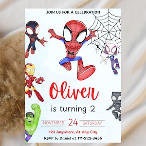 May include: A birthday party invitation featuring several cartoon superheroes, including Spider-Man and Iron Man. The invitation reads "Oliver is turning 2" with the date, time, and RSVP information. The invitation is white with red and blue accents.