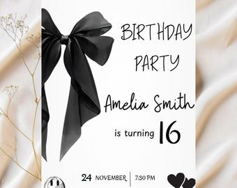 Editable Black Bow Birthday Invitation Minimalist Black Bow Birthday Invite Black Ribbon Coquette 16th 18th 21st 30th Birthday Party Canva