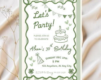 Hand Drawn Birthday Invitation Template - DIY Editable Green Birthday Dinner Party Invite (Digital Download)