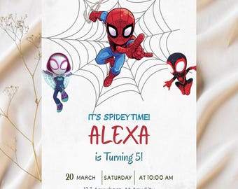 Invitación de cumpleaños de Spidey y sus increíbles amigos, plantilla de descarga digital, invitaciones de fiesta imprimibles editables de Spidey, invitación digital para niños