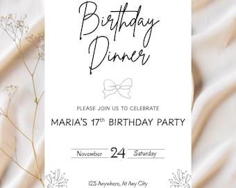 Birthday Dinner Invitation, Editable Birthday Dinner Digital Invite, Dinner Invitation Template, Minimal Birthday Invite, Any Age Invite