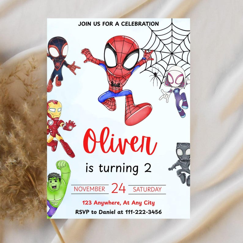 May include: A birthday party invitation featuring various Marvel superheroes, including Spider-Man, Iron Man, and Hulk. The invitation is personalized with the name "Oliver" and the age "2", along with the date, time, and RSVP information.