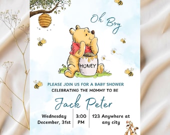Editable Winnie The Pooh Baby Shower Invitation, Winnie Pooh Invitation, Oh Boy Pooh Invite, Blue Printable Template Instant Download