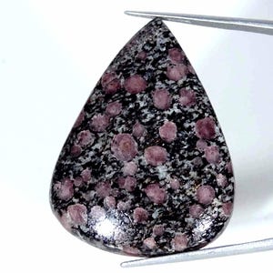 Pode incluir: Uma pedra preciosa em formato de pera com superfície polida, apresentando uma matriz manchada de preto e cinza escuro incrustada com inúmeras inclusões arredondadas de cor magenta profundo por toda a pedra, segurada por pinças de metal.