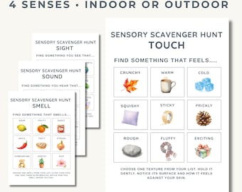 Gentle Sensory Scavenger Hunt Printable, 4 Senses Indoor Outdoor Activity for Kids, Calm Corner & Homeschool PDF
