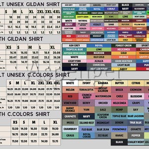 a collage of three separate spreadsheets, each providing information about different types of shirts. The first spreadsheet lists sizes and colors for adult unisex girdas, the second spreadsheet lists sizes and colors for youth girdas, and the third spreadsheet lists sizes and colors for adult unisex ccolors shirts.