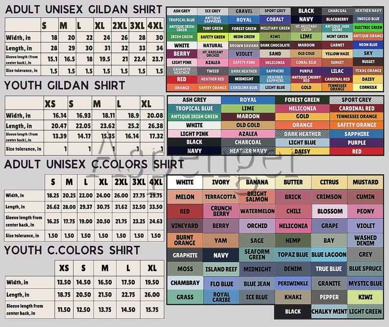 a collage of three separate spreadsheets, each providing information about different types of shirts. The first spreadsheet lists sizes and colors for adult unisex girdas, the second spreadsheet lists sizes and colors for youth girdas, and the third spreadsheet lists sizes and colors for adult unisex ccolors shirts.