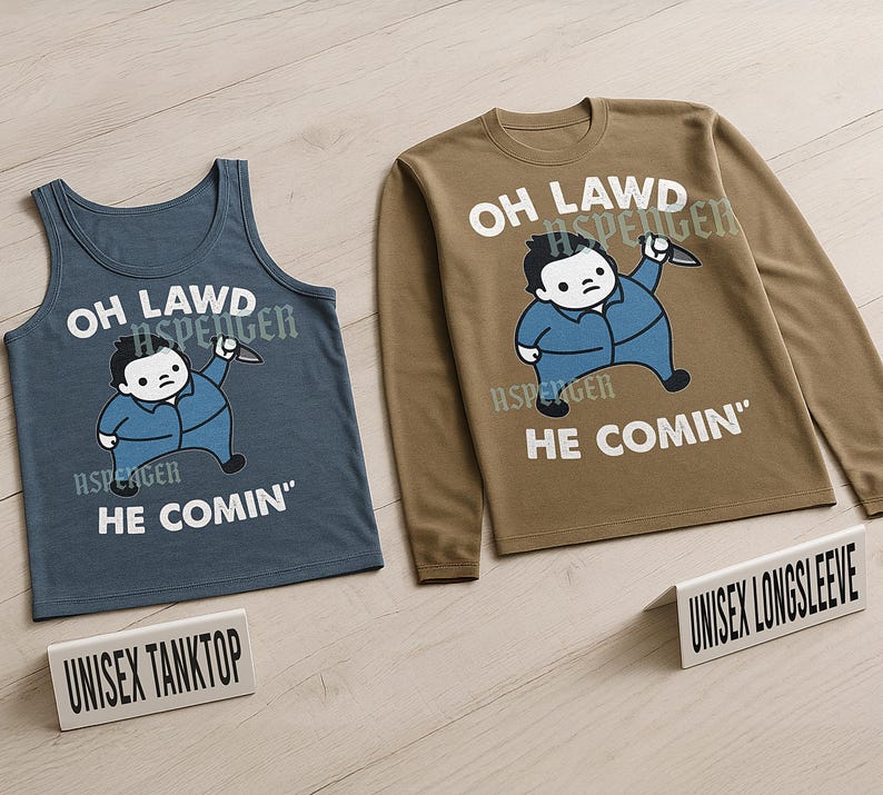 Koszulka „Oh Lawd He Comin’”, zabawna koszulka z grafiką Michaela Myersa z parodią chibi, koszulka na Halloween, prezent dla fana horrorów, straszna koszulka jesienna zdjęcie 5
