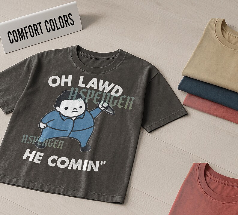 Koszulka „Oh Lawd He Comin’”, zabawna koszulka z grafiką Michaela Myersa z parodią chibi, koszulka na Halloween, prezent dla fana horrorów, straszna koszulka jesienna zdjęcie 3