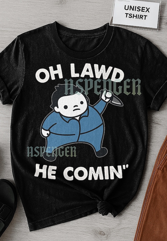 Oh Lawd He Comin’ T-Shirt, Michael Myers Funny Chibi Parody Graphic Tee, Halloween Shirt, Horror Movie Fan Gift, Spooky Fall Shirt
