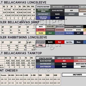 a collection of three different size charts for adult bellacanvas long sleeves, toddler bellacanvas shirts, and toddler rabbitskins long sleeves, along with their corresponding measurements and color options.