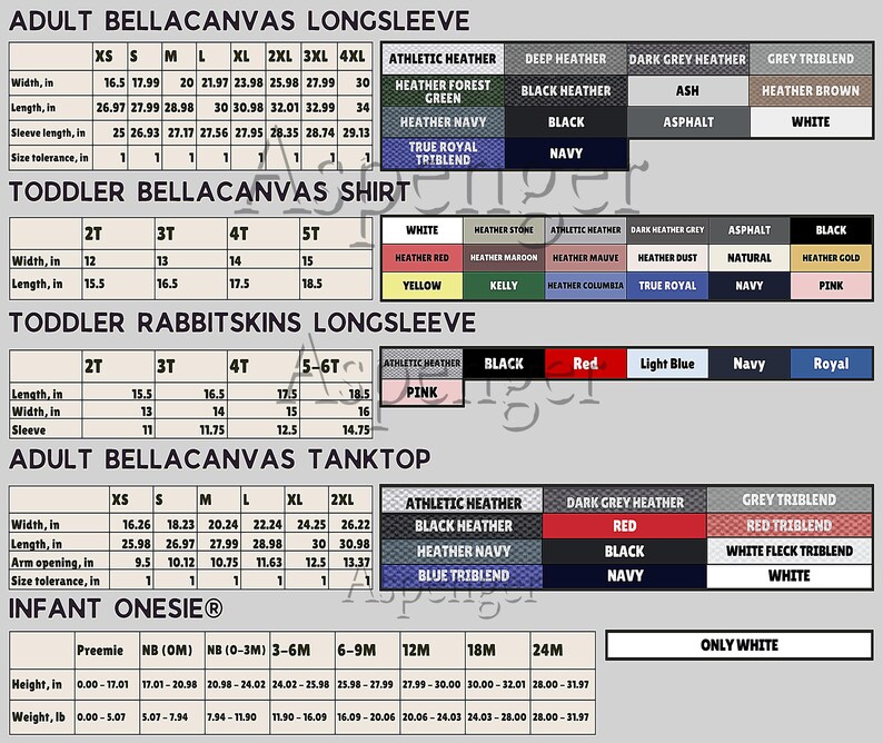 a collection of three different size charts for adult bellacanvas long sleeves, toddler bellacanvas shirts, and toddler rabbitskins long sleeves, along with their corresponding measurements and color options.