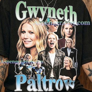Peut inclure: Un t-shirt noir présentant un collage de plusieurs photographies de Gwyneth Paltrow. Le nom Gwyneth est imprimé dans une police à dégradé vert en haut, et Paltrow est imprimé dans une police à dégradé bleu en bas. Le texte Aspenger.etsy.com est visible.