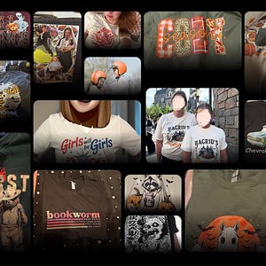 The image is a collage of various t-shirt designs, featuring different characters, patterns, and text.
