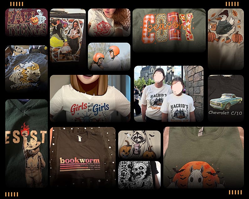 The image is a collage of various t-shirt designs, featuring different characters, patterns, and text.