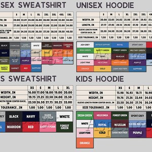a collection of four different types of clothing items: a unisex sweatshirt, a unisex hoodie, a kids sweatshirt, and a kids hoodie. Each item has a specific width, length, and sleeve length listed, along with the corresponding color and pattern. The image also includes a table with various color combinations and their corresponding sizes, as well as a list of different types of clothing items.
