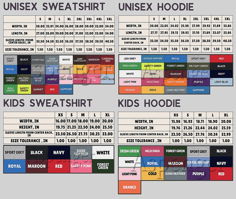 a collection of four different types of clothing items: a unisex sweatshirt, a unisex hoodie, a kids sweatshirt, and a kids hoodie. Each item has a specific width, length, and sleeve length listed, along with the corresponding color and pattern. The image also includes a table with various color combinations and their corresponding sizes, as well as a list of different types of clothing items.