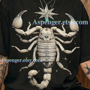 May include: Graphite-colored t-shirt featuring a detailed scorpion graphic. The design includes a star and text. The shirt is part of the Comfort Colors collection.