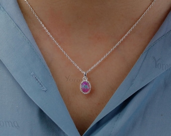 Rosa Opal Halskette, Opal 6 x 8 mm Rosa Feueropal Anhänger Halskette, Rosa Opal Schmuck Anhänger, Frauen Minimalist Weihnachtsgeschenk Anhänger Geschenk Sie