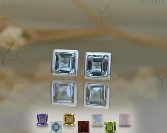 Pendientes de piedra natal, pendientes cuadrados de 4 mm, pendientes de topacio azul natural, pendientes de mujer de oro vermeil, regalo de piedra natal para mamá.