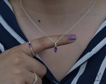 Geburtsstein Amethyst Halskette 4 x 8 mm Marquise Natürliche Amethyst Anhänger für Frauen 925 Sterling Silber Geschenk Sie Muttertagsgeschenk Versprechen Anhänger
