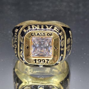 Handmade Class Ring with Square Stone, Custom Graduation Ring, Gold Plated Personalized College Ring, Custom Name Engraving, Gift For Her