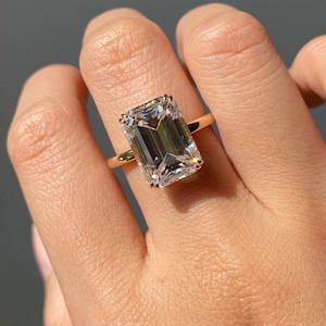 Emerald Cut Moissanite Engagement Ring, 4 Carat Solitaire Ring in 14K Yellow Gold, Hidden Halo Wedding Ring for Women, Anniversary Ring Gift