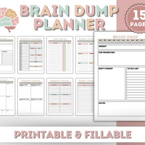 May include: A printable Brain Dump Planner with 15 pages. The planner includes sections for urgent tasks, top priorities, to-do lists, and notes. The design features a brain graphic and pastel colours.